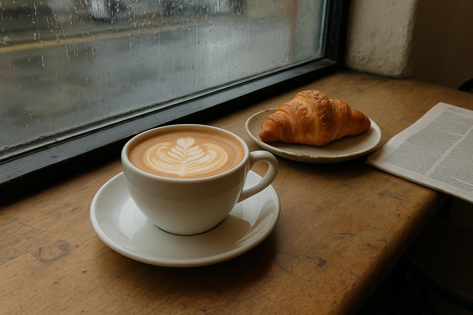 A flat white and a croissant on a scratched wooden counter by a rain-streaked window