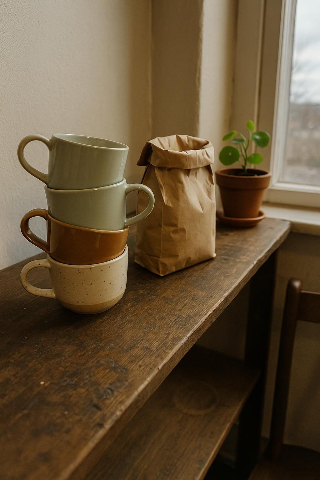 Mismatched cups stacked on a wooden shelf beside a paper bag of beans and a small plant, by the window